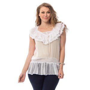 7Colors Ladies Sheer Ruffle Top Smocked-Drop-Waist Back-Tie White Size 2XL